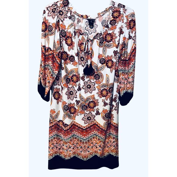 ENFOCUS STUDIO LONG SLV RND NECK TUNIC DRESS, WOMENS-14-WHITE NAVY ORANGE FLORAL - Picture 1 of 11